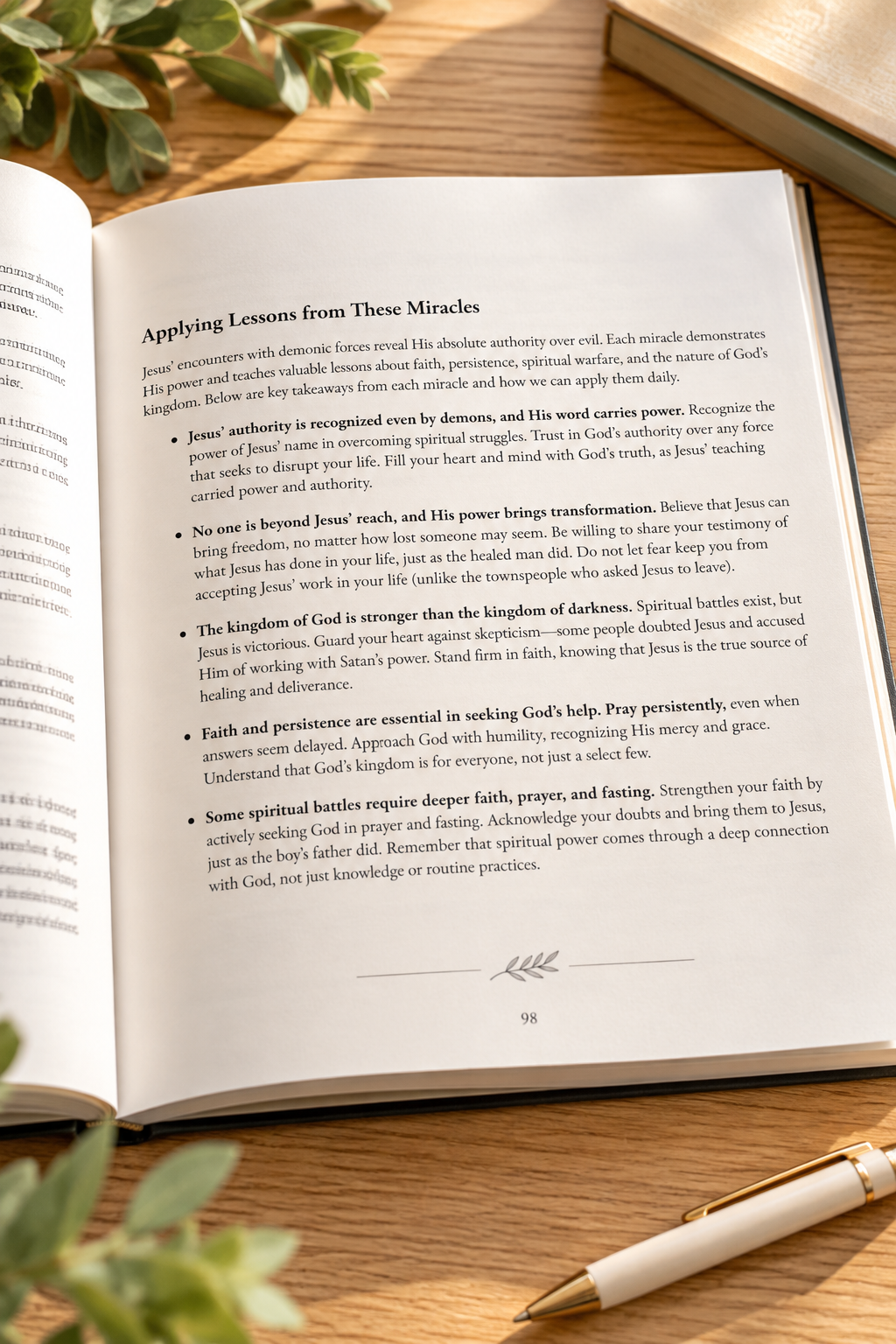 Open Miracles of Jesus Bible study showing practical application lessons on faith, prayer, and Jesus’ authority, styled on a warm wooden table.