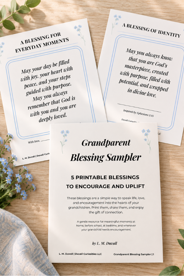 Grandparent Blessing Sampler printable with five Christian blessings displayed on a light wood surface with soft blue flowers.