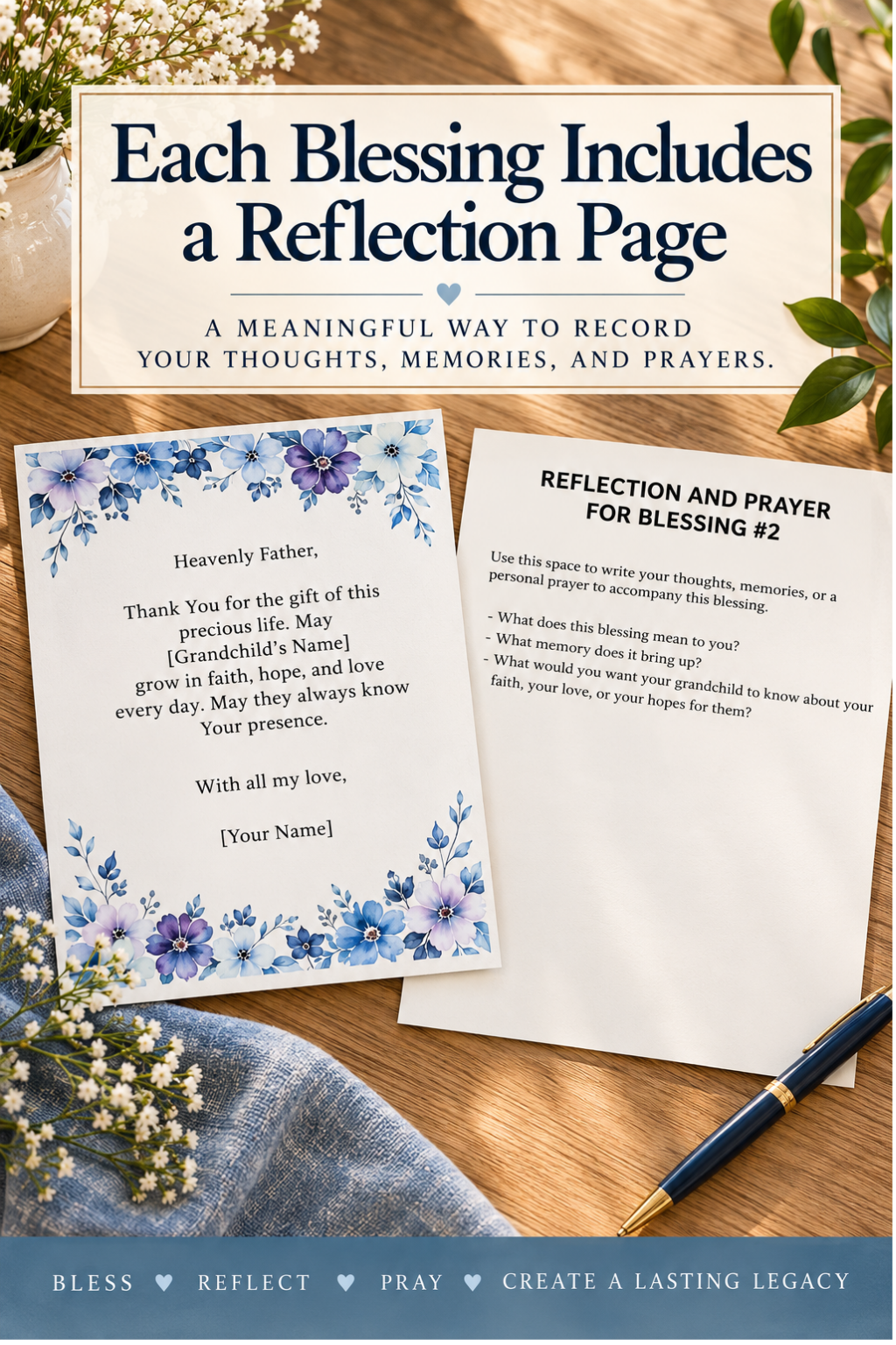 Grandparent Blessing Cards printable collection by L. M. Duvall, showing a blue floral Christian blessing card alongside its matching reflection and prayer page for Blessing #2. Displayed on a light wooden tabletop, the pages encourage grandparents to record personal thoughts, memories, and prayers for their grandchildren.