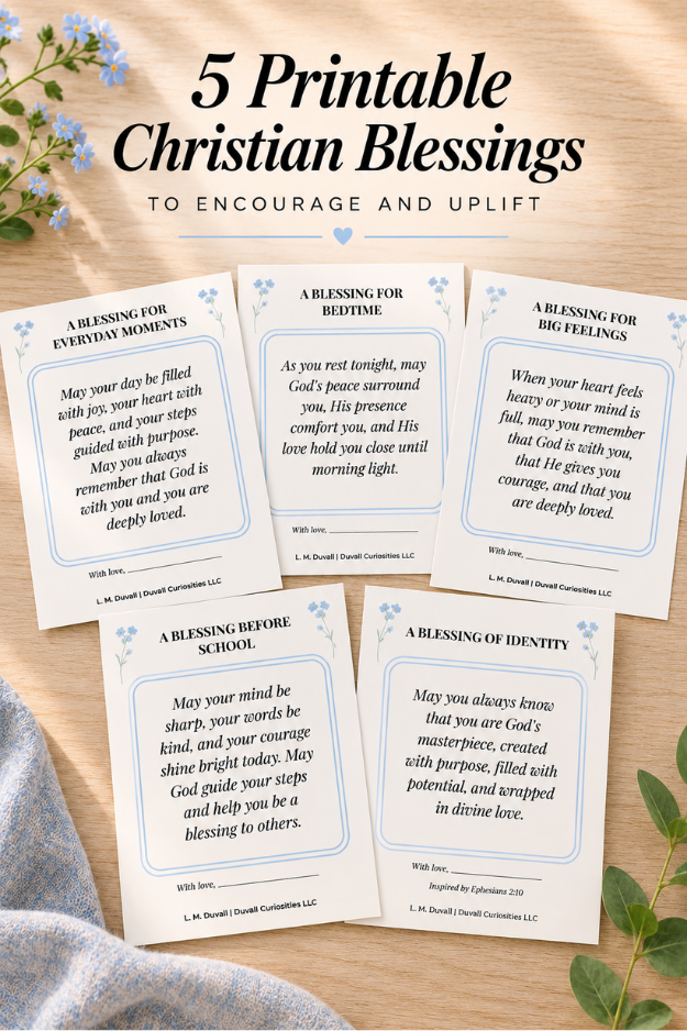 Five printable Christian grandparent blessings for everyday moments, bedtime, big feelings, school, and identity displayed with soft blue flowers.