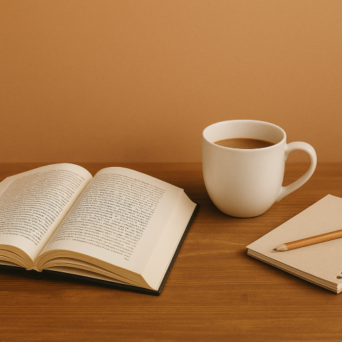 Open book, white mug with coffee, and notebook with pencil on a wooden surface against a brown background