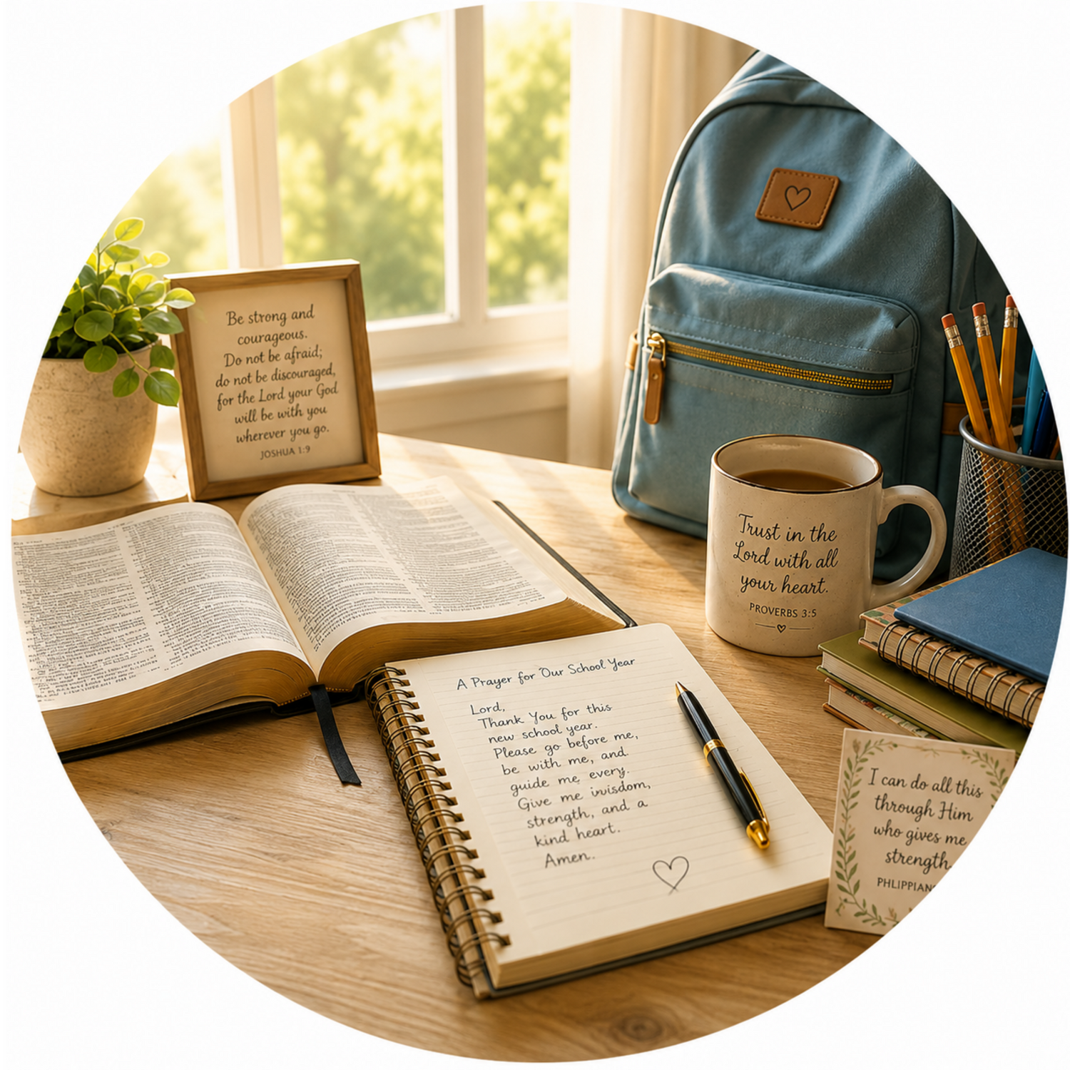 Open Bible, prayer journal, backpack, and school supplies on a sunlit desk, representing prayer and trust in God for the new school year.