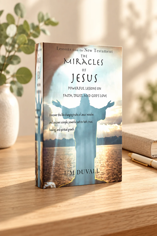 3D paperback of The Miracles of Jesus: Powerful Lessons on Faith, Trust, and God’s Love by L. M. Duvall displayed on a light-oak table.