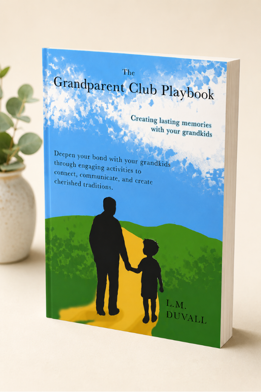 The Grandparent Club Playbook by L. M. Duvall paperback book mockup featuring a grandparent and grandchild walking together.