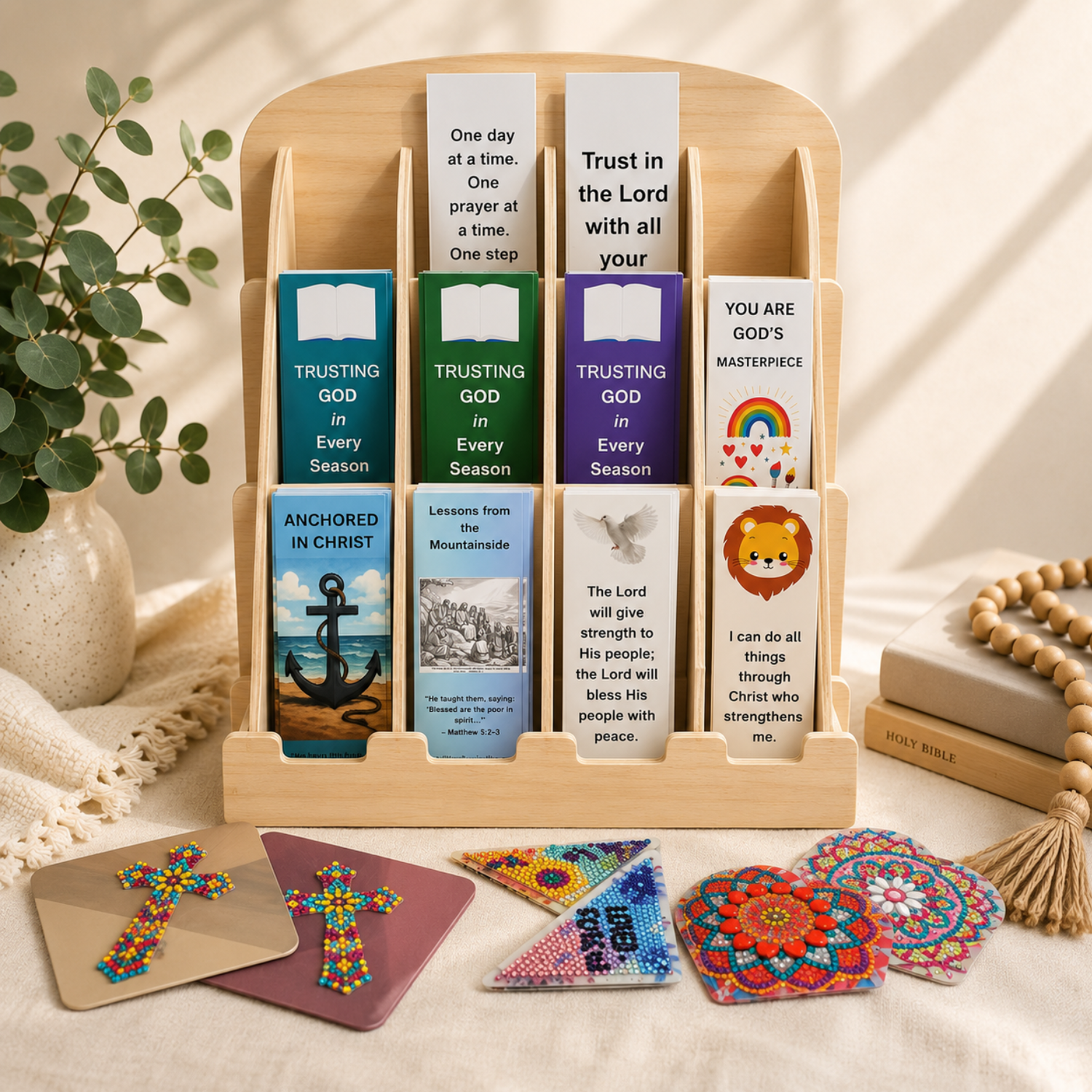 Christian bookmarks displayed in a wooden stand with handcrafted diamond-painted corner bookmarks on a soft cream background.