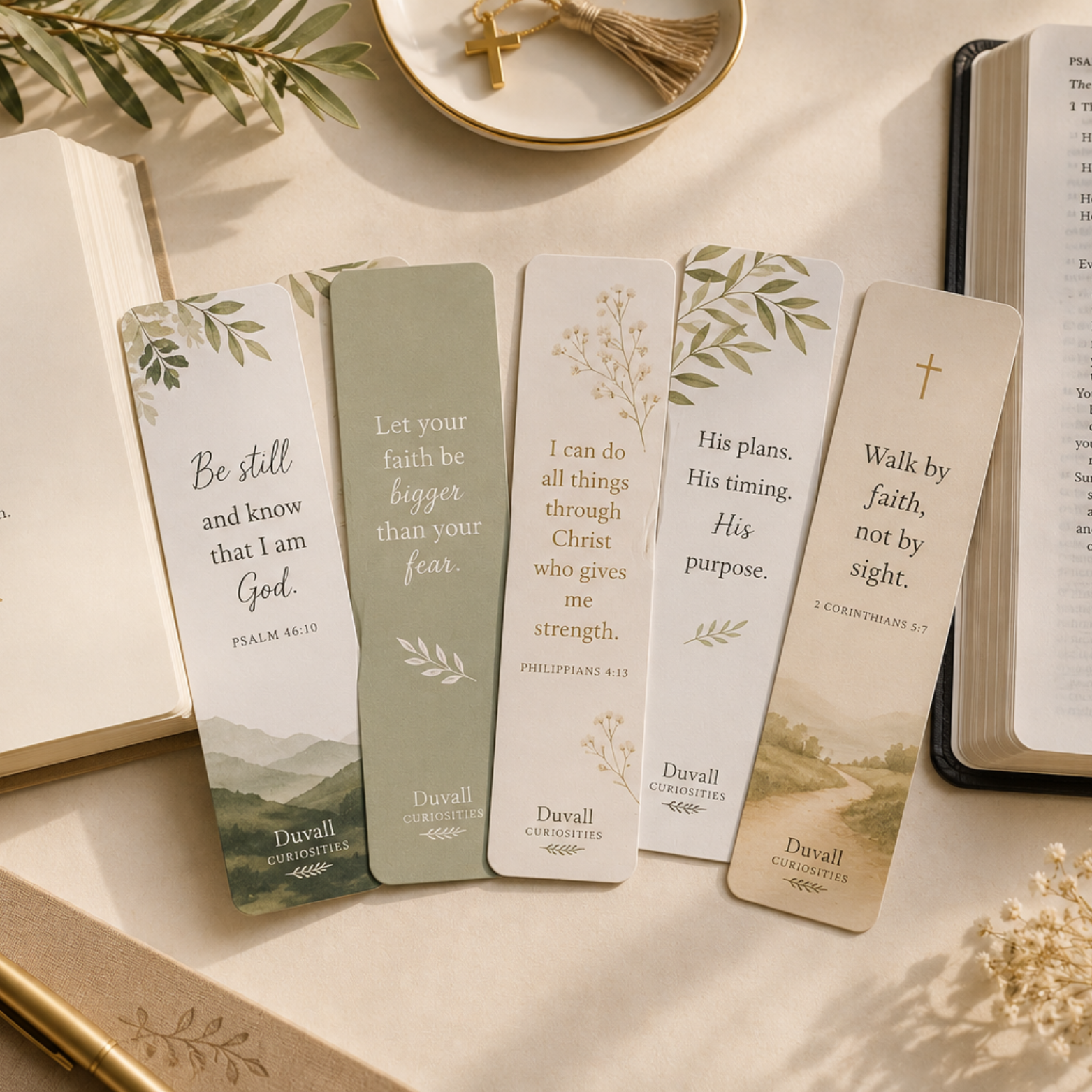 Set of inspirational bookmarks with religious quotes on a table with books and flowers.