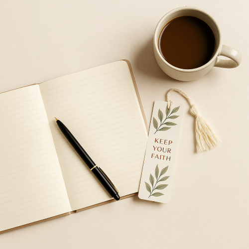 Open journal with bookmark and coffee mug flat lay, symbolizing faith and creativity.