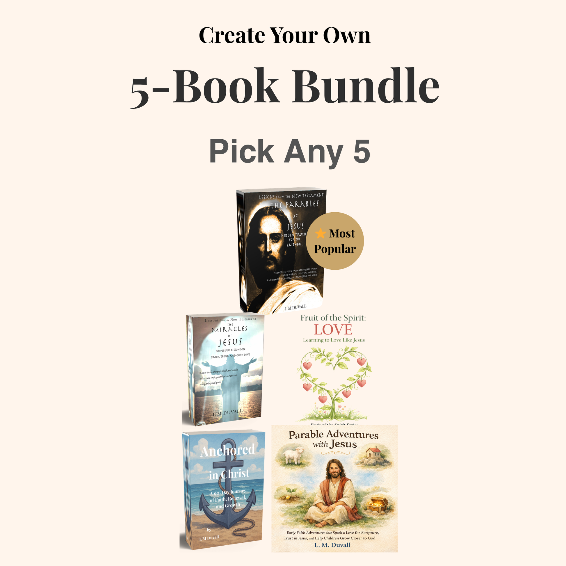 Create your own 5-book bundle featuring Christian devotionals and children’s books including Parables of Jesus and Anchored in Christ
