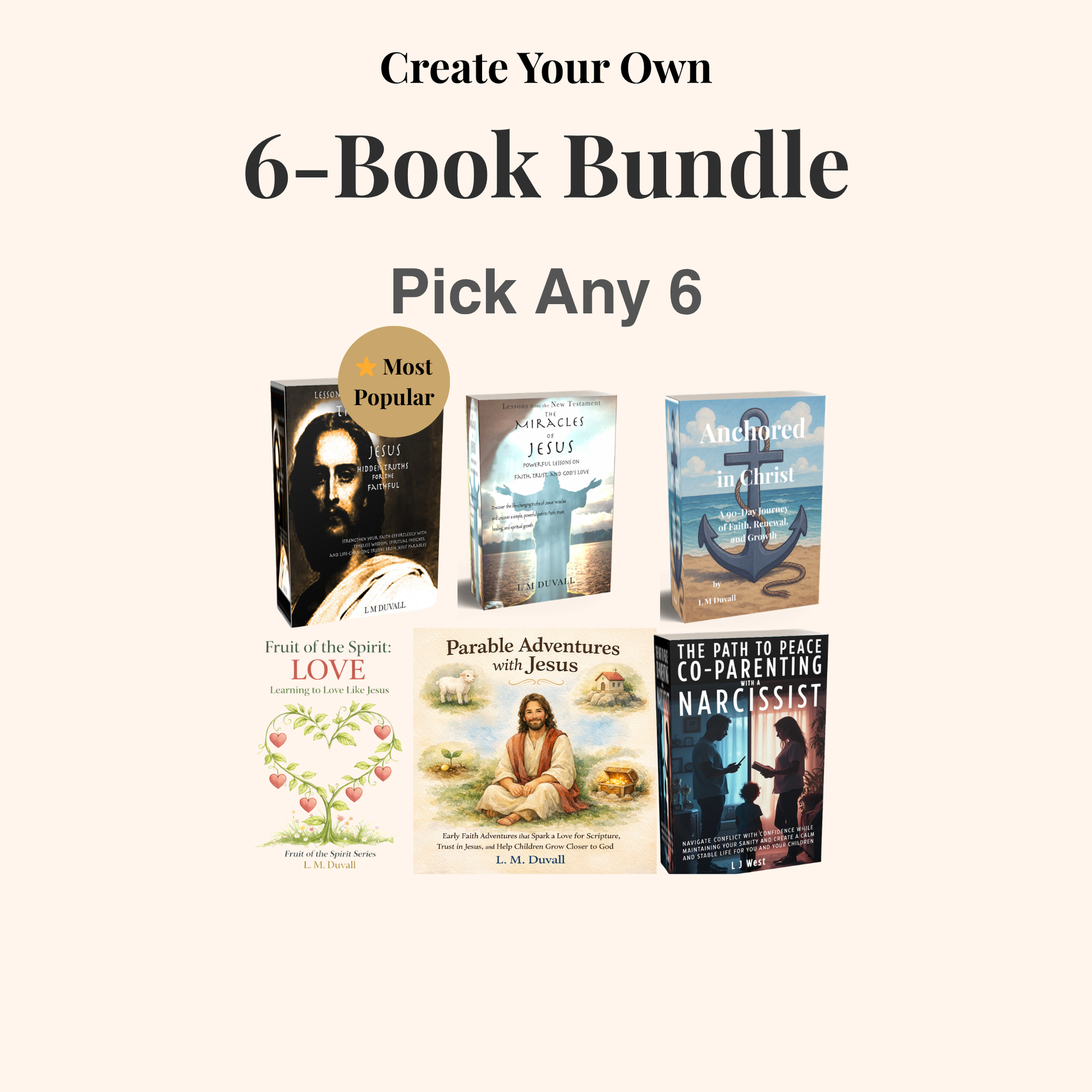 Create your own 6-book bundle with Christian books and devotionals including Parables of Jesus, Anchored in Christ, and Parable Adventures