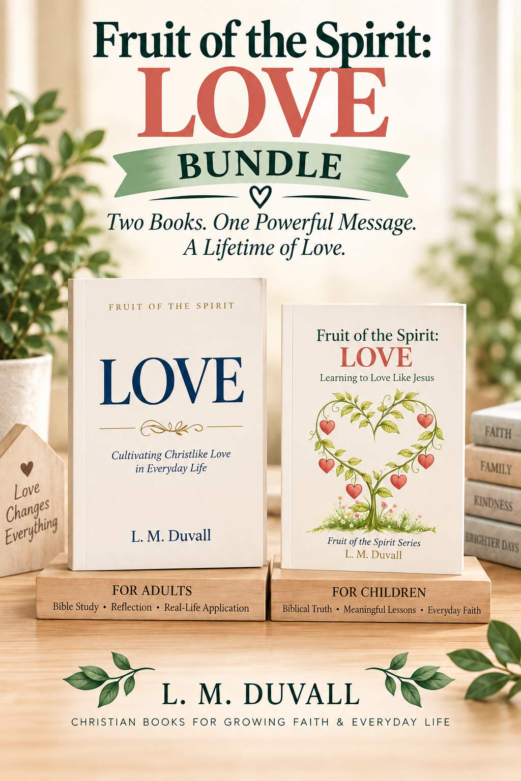 Fruit of the Spirit LOVE family bundle featuring the adult Christian Bible study and children’s Learning to Love Like Jesus book by L. M. Duvall.