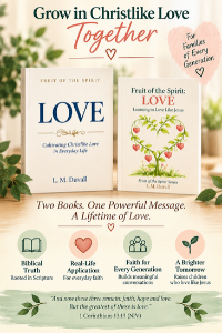 Fruit of the Spirit LOVE adult and children’s books by L. M. Duvall displayed together, encouraging families to explore biblical love and grow in faith together.