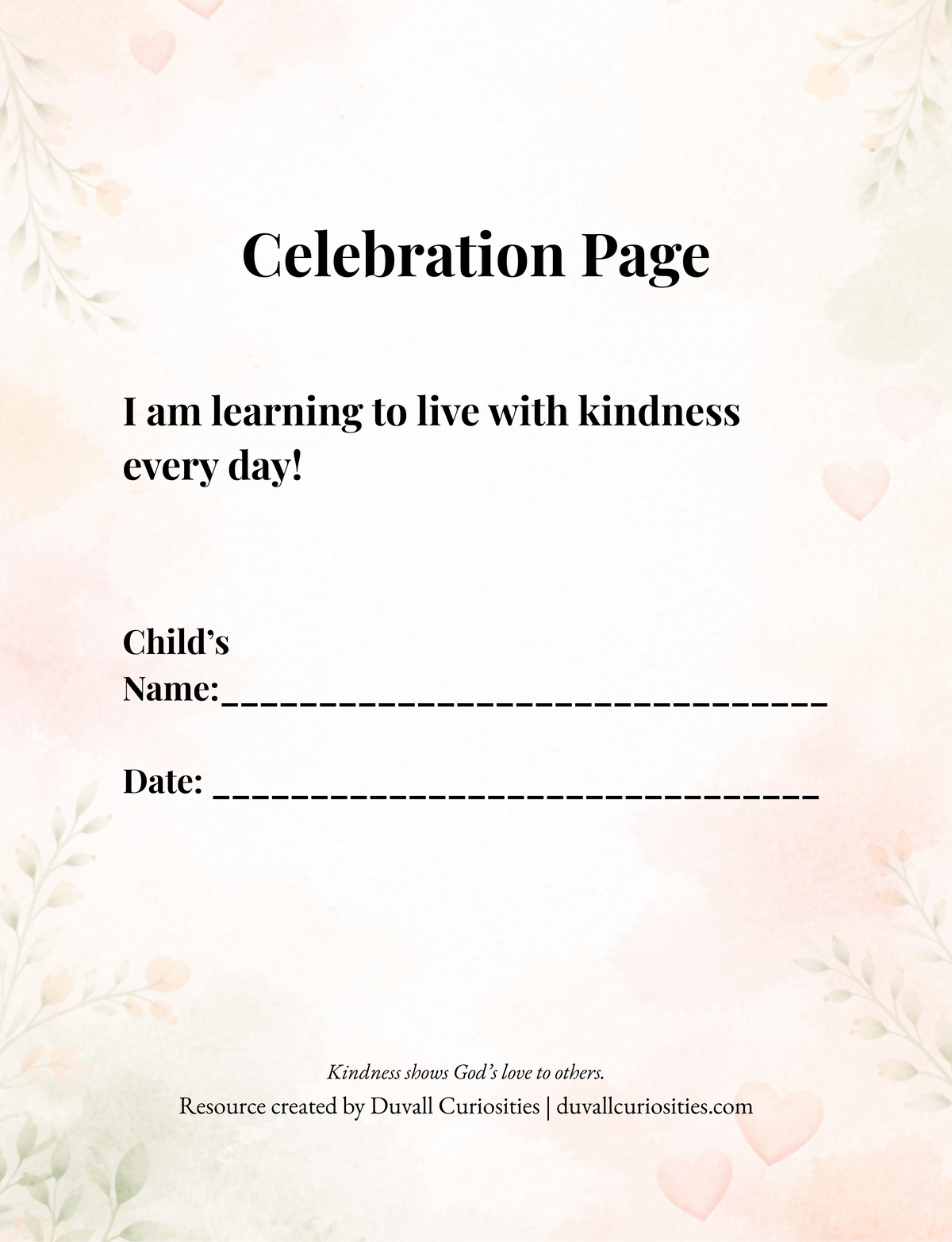 Celebration page from Small Acts. Big Love. children’s devotional recognizing a child’s growth in practicing kindness and showing God’s love to others.