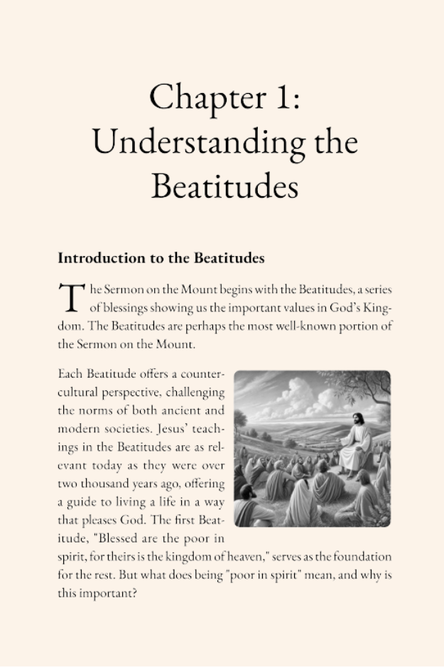 Chapter 1 opening page from Mountaintop Wisdom: Understanding the Beatitudes, with introductory teaching and a black-and-white illustration of Jesus teaching on a hillside.
