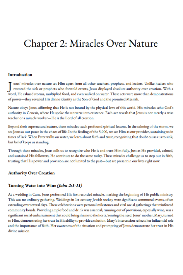 Chapter 2 opening page from Miracles of Jesus, introducing miracles over nature with Scripture-based teaching and application.