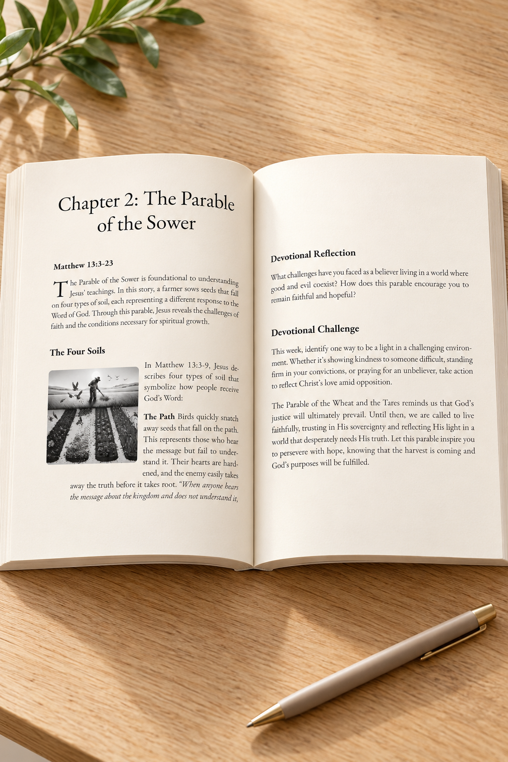 Open The Parables of Jesus paperback displaying a chapter about the Parable of the Sower and a devotional reflection page on a light oak table.
