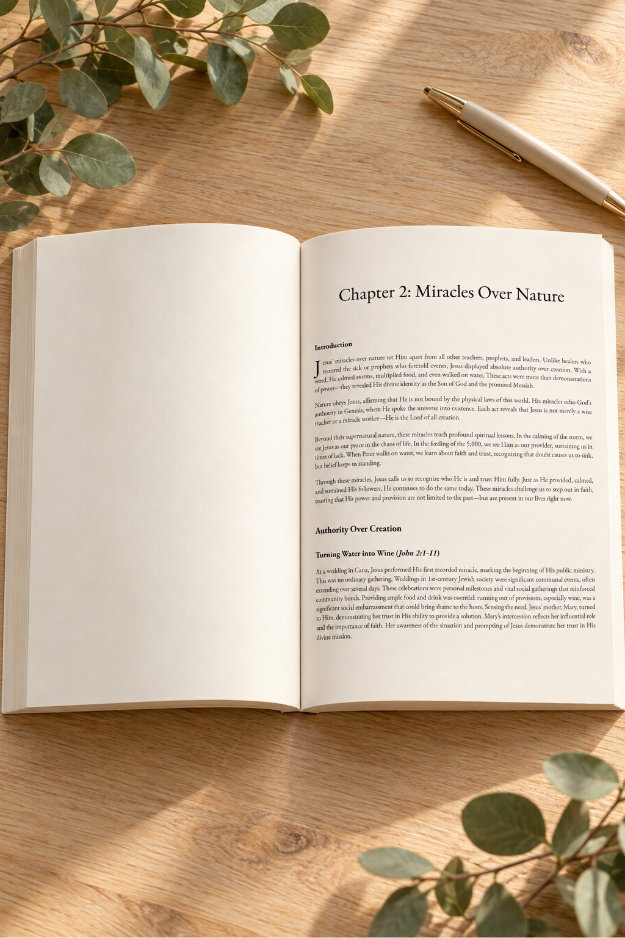 Open The Miracles of Jesus Bible study showing Chapter 2, Miracles Over Nature, on a light-oak table with greenery and a pen.