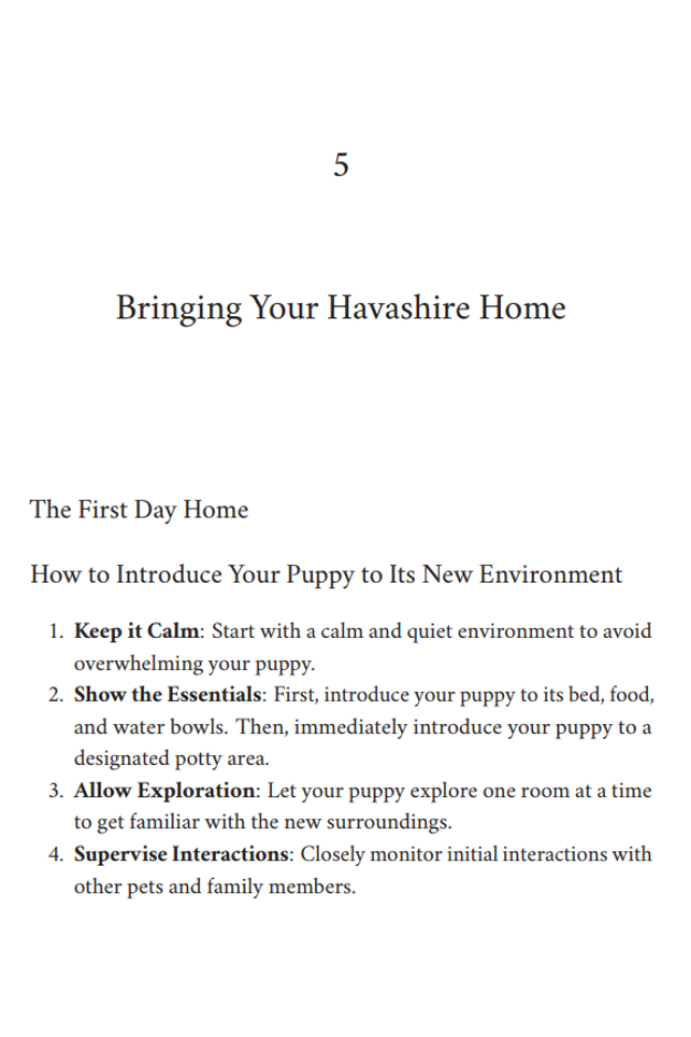 Interior page from Raising and Loving a Havashire Designer Dog offering step-by-step guidance for bringing a puppy home.