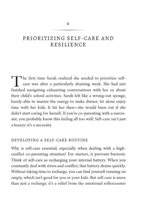 Chapter 6 opening page from Path to Peace: Co-Parenting with a Narcissist, introducing guidance on prioritizing self-care and emotional resilience.
