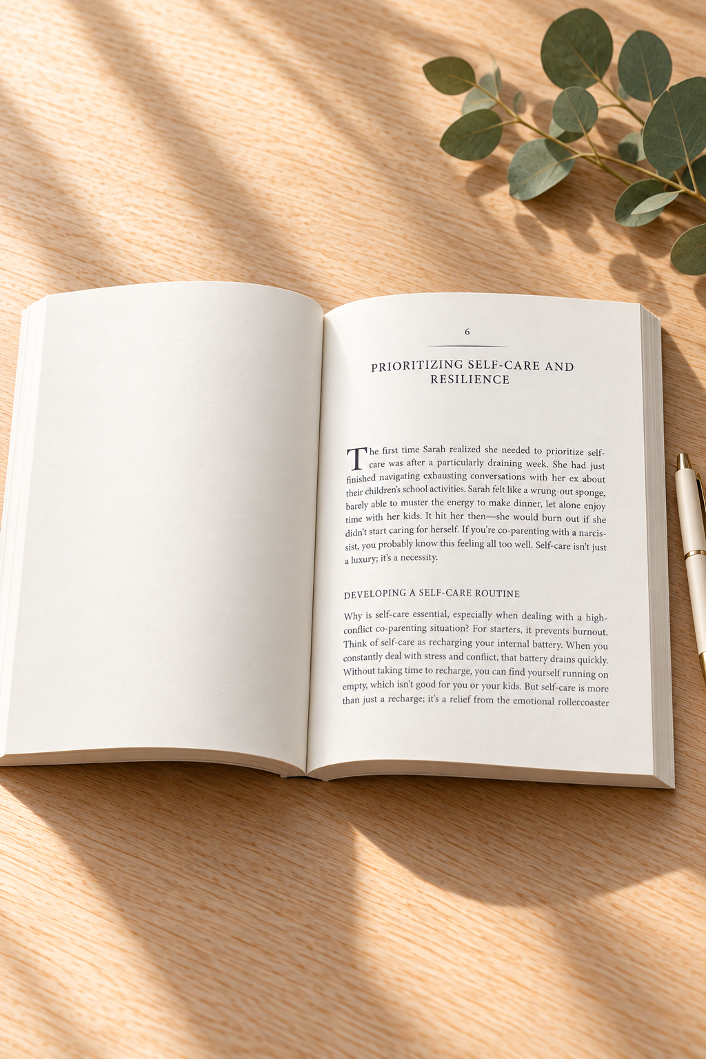 Open Path to Peace: Co-Parenting with a Narcissist showing the Chapter 6 introduction on prioritizing self-care and resilience.