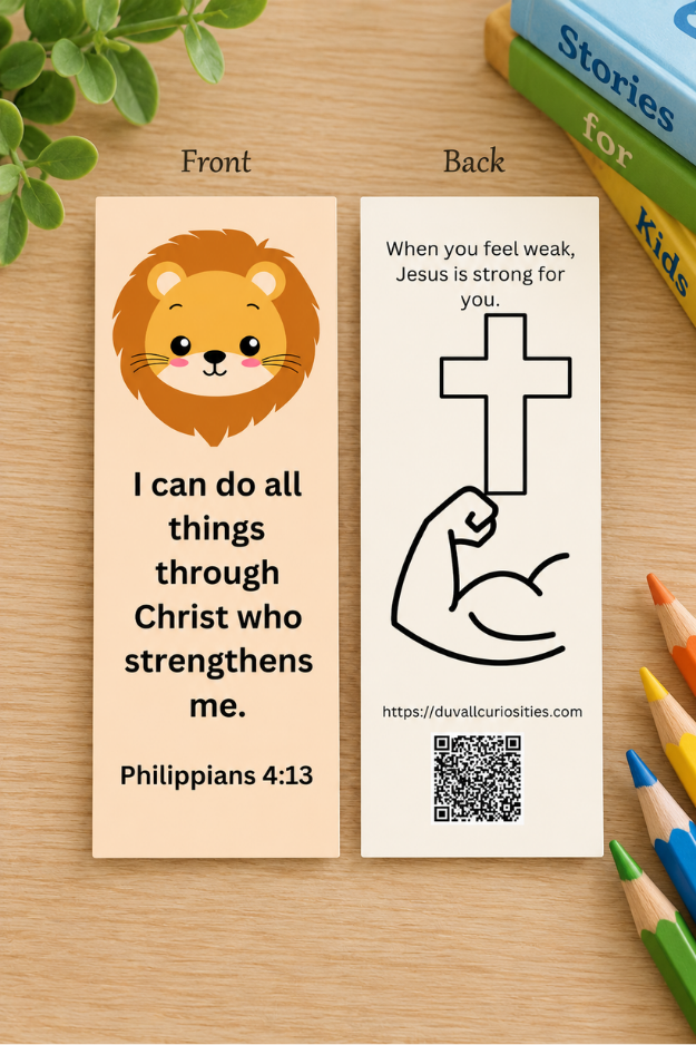 Front and back of children’s Philippians 4:13 Christian bookmark with lion design and coloring activity.