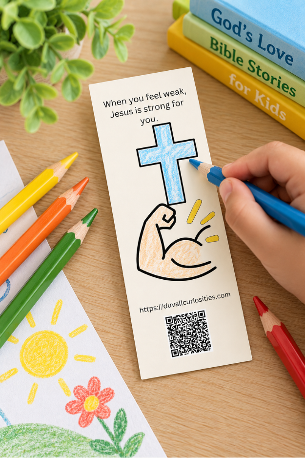 Child coloring the back of a Philippians 4:13 Christian bookmark with cross and strength design.