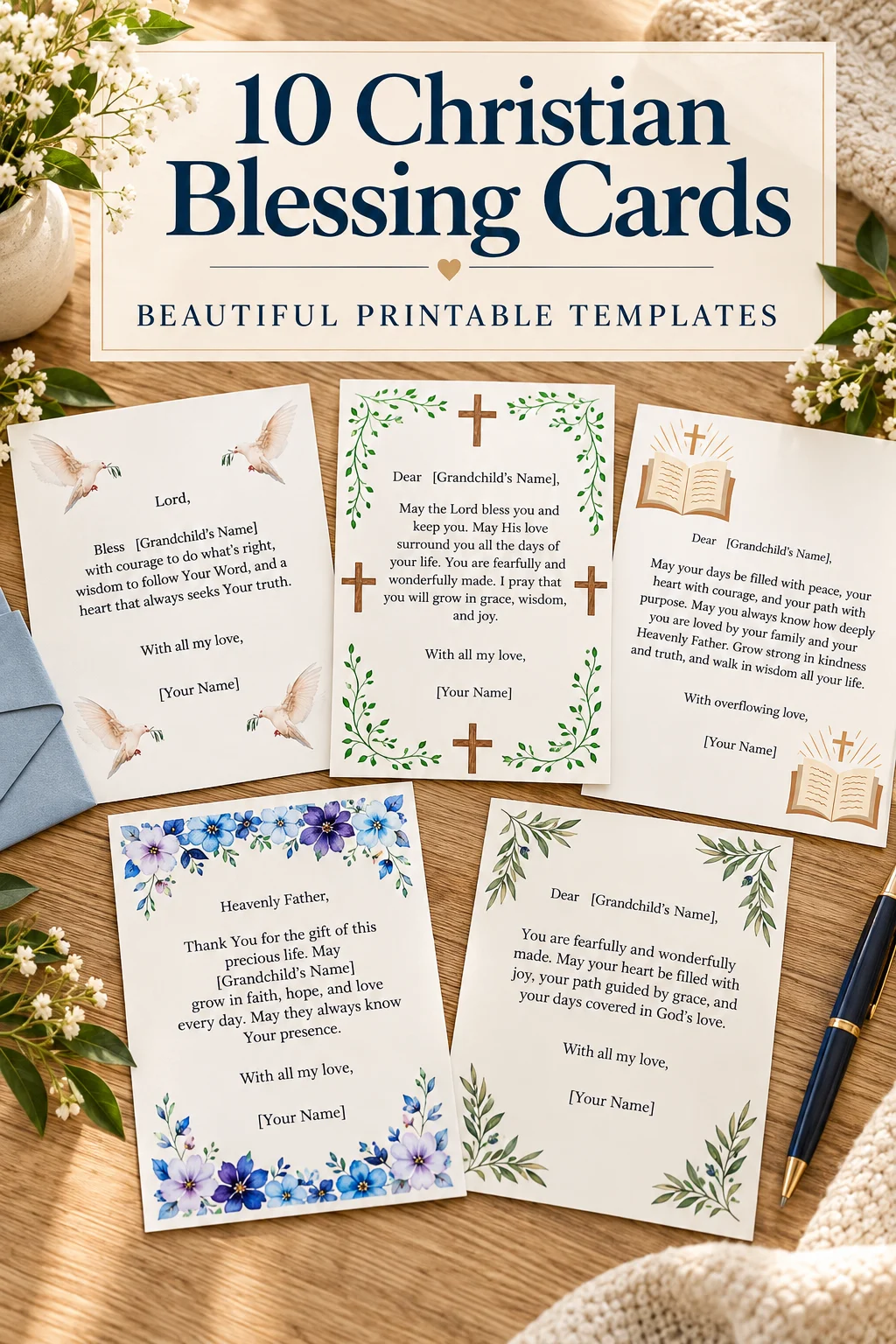 Grandparent Blessing Cards printable Christian collection by L. M. Duvall, featuring five sample blessing cards with original floral, dove, cross, and Scripture-themed designs. Cards include personalized prayers and encouraging messages to share faith, love, and God's blessings with grandchildren.