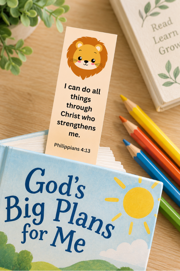 Children’s Philippians 4:13 Christian bookmark with lion design displayed in a children’s book with colored pencils.
