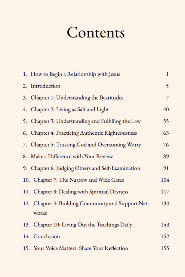 Table of contents page from Mountaintop Wisdom: Sermon on the Mount.