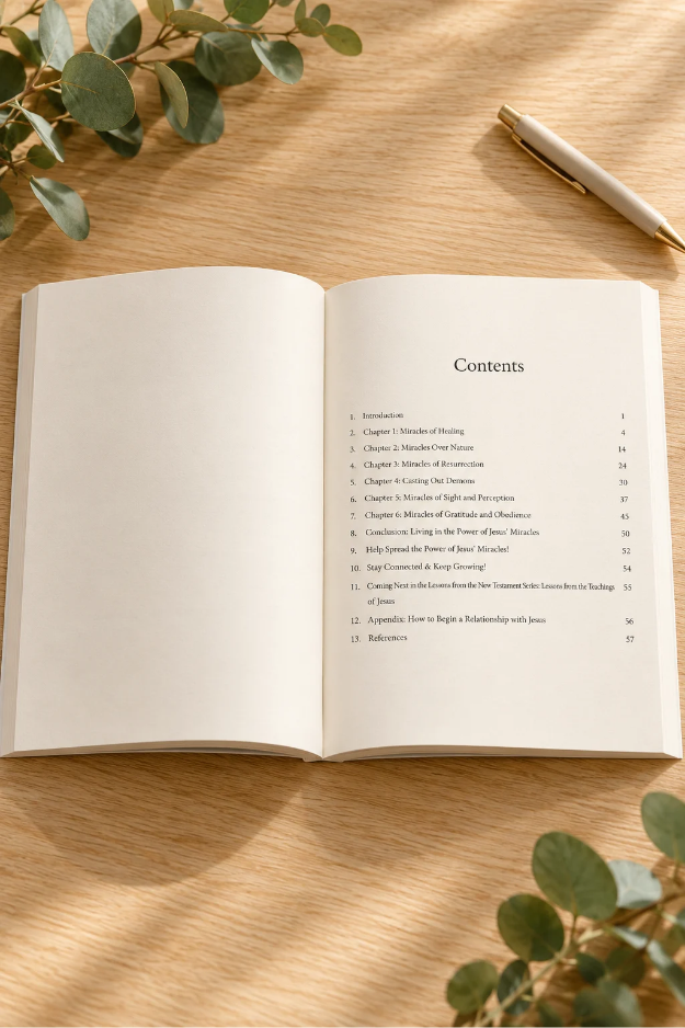 Open The Miracles of Jesus Bible study showing the table of contents on a light natural-oak table.
