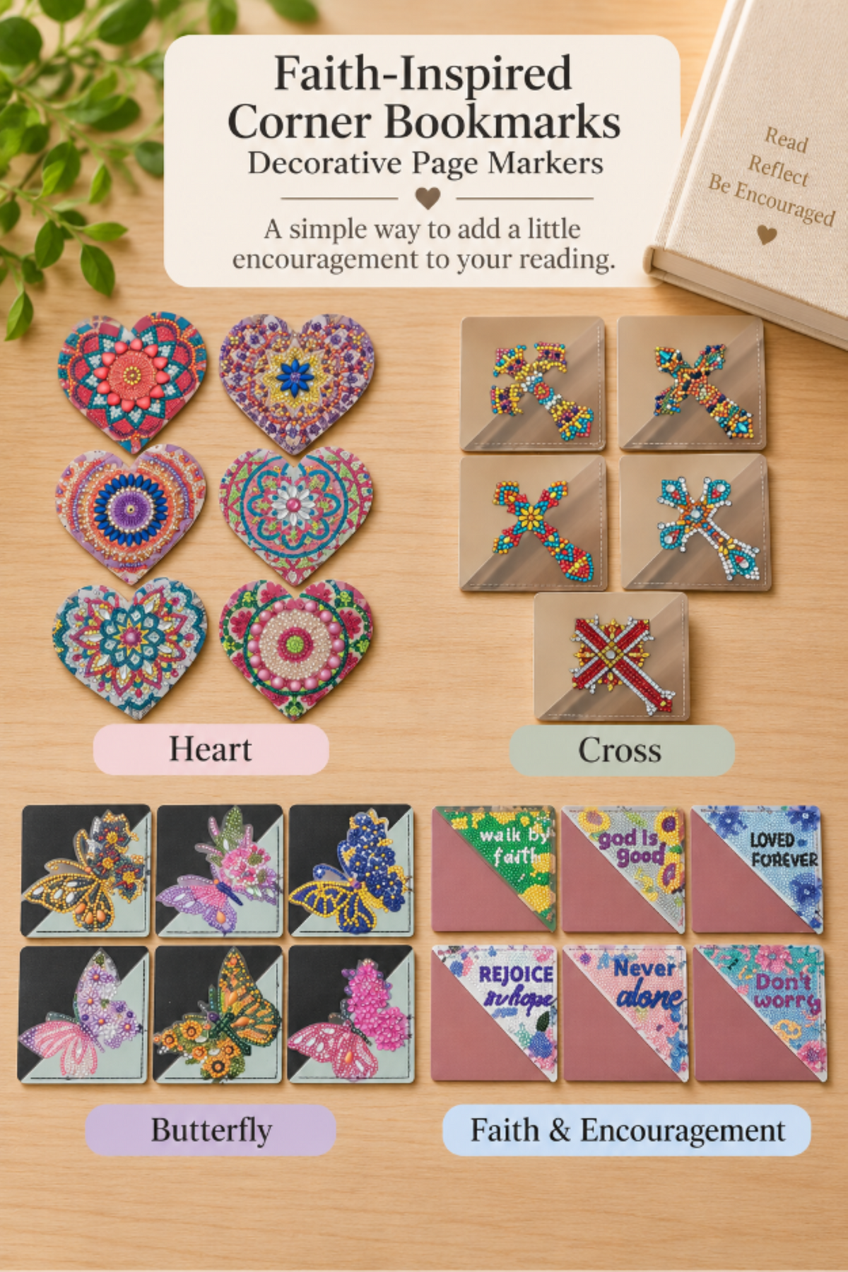 Faith-inspired diamond art corner bookmarks in heart, cross, butterfly, and encouragement designs displayed by style.