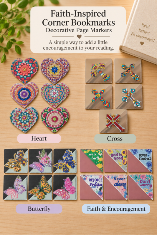 Faith-inspired diamond art corner bookmarks in heart, cross, butterfly, and encouragement designs displayed by style.
