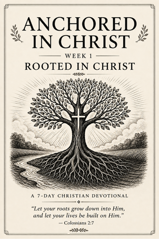 Anchored in Christ Week 1: Rooted in Christ 7-day Christian devotional cover featuring a deeply rooted tree with a cross and Colossians 2:7.