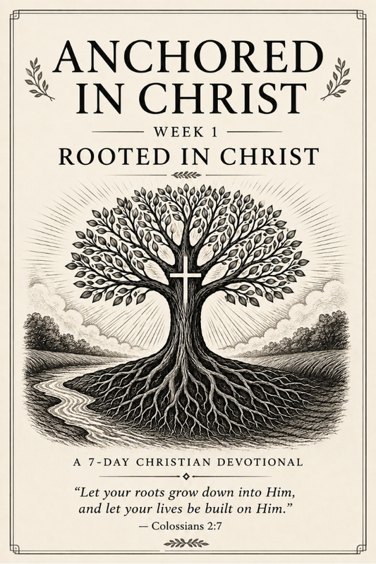 Anchored in Christ Week 1: Rooted in Christ 7-day Christian devotional cover featuring a deeply rooted tree with a cross and Colossians 2:7.