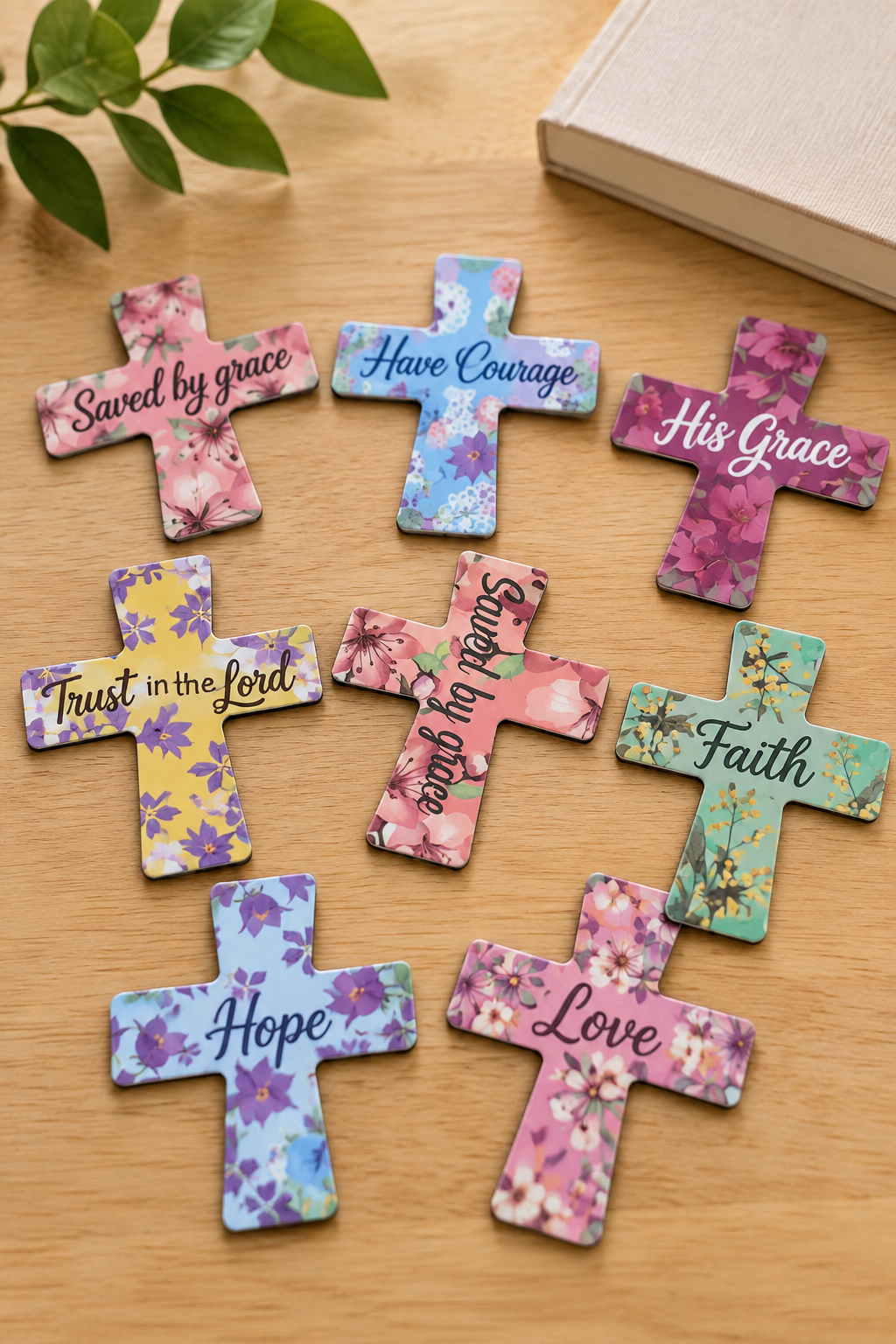Assorted cross-shaped magnetic bookmarks with colorful floral designs and faith-inspired messages arranged on a light wood surface.