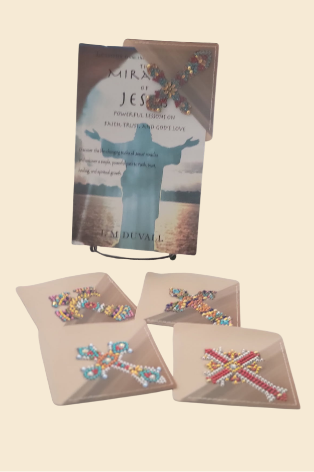Colorful cross corner bookmark placed at top corner of Miracles of Jesus book with additional designs below