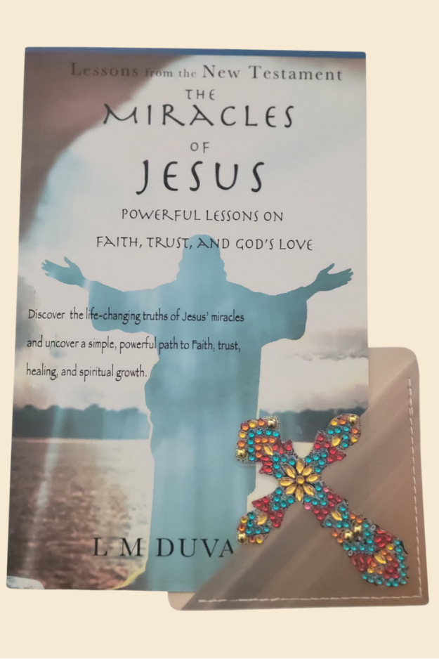 Colorful cross corner bookmark placed at bottom corner of Miracles of Jesus book
