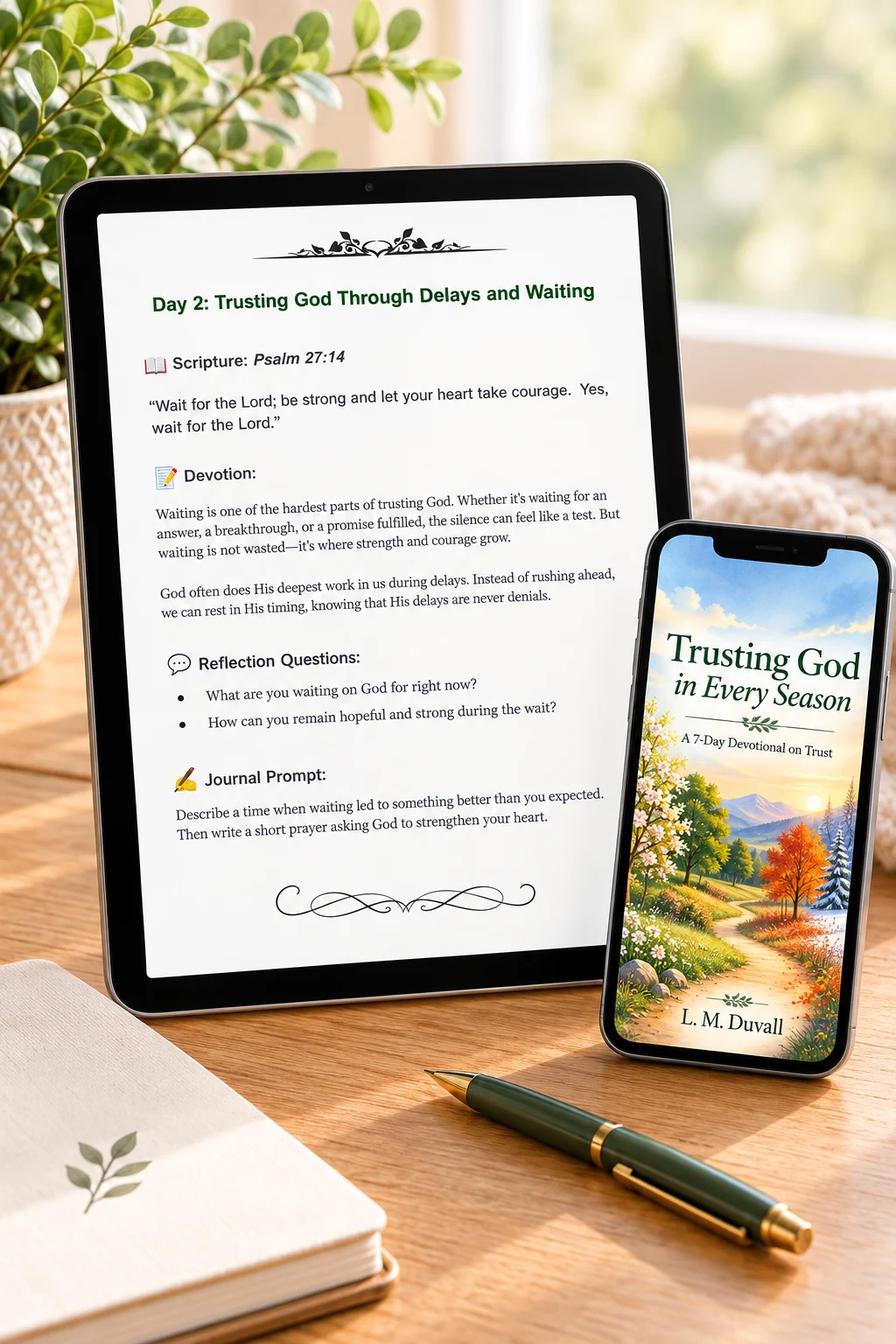 Trusting God in Every Season, a free 7-day Christian devotional PDF by L. M. Duvall, displayed on a tablet showing Day 2, “Trusting God Through Delays and Waiting,” with the devotional cover on a smartphone beside a journal and pen.