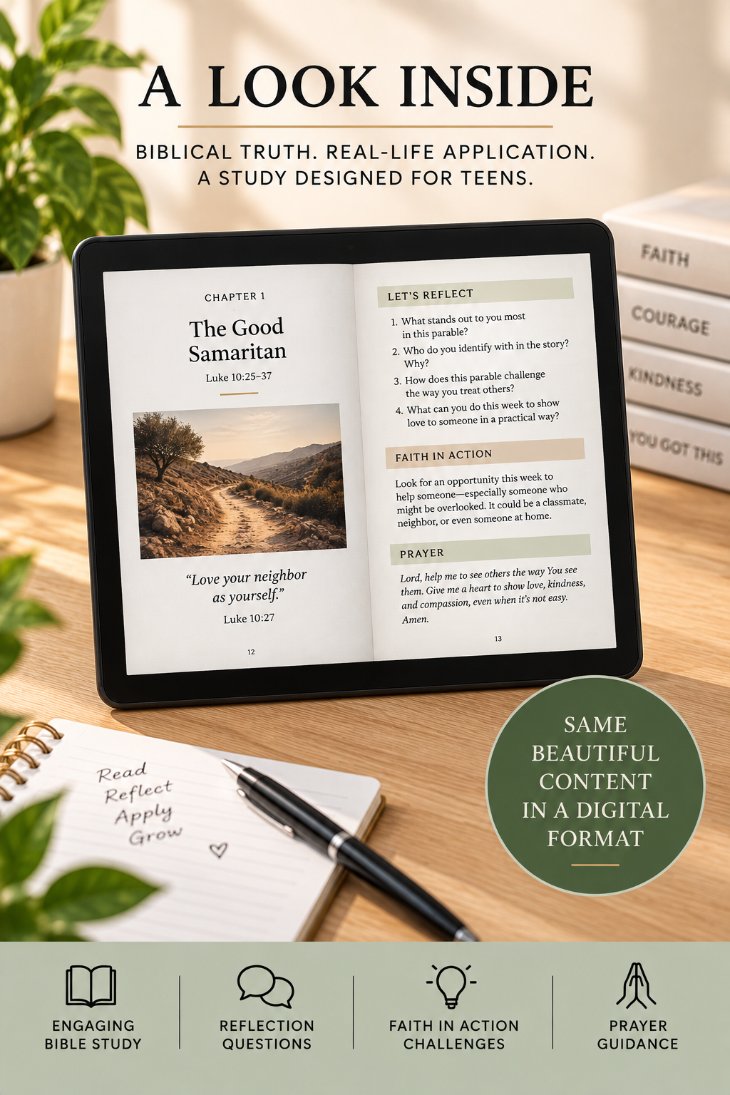 Parables of Jesus for Teens digital eBook interior displayed on a tablet with Bible study, reflection questions, faith challenges, and prayer.