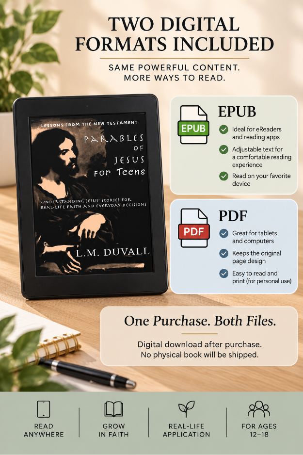 Parables of Jesus for Teens digital eBook showing EPUB and PDF formats included for flexible reading on eReaders, tablets, and computers.
