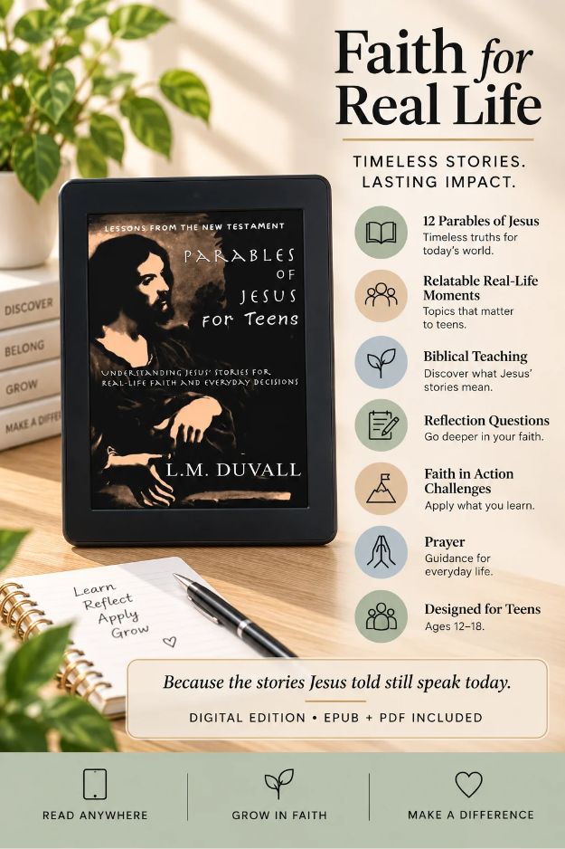 Parables of Jesus for Teens digital eBook highlighting 12 parables, biblical teaching, reflection questions, faith challenges, and prayer for ages 12–18.