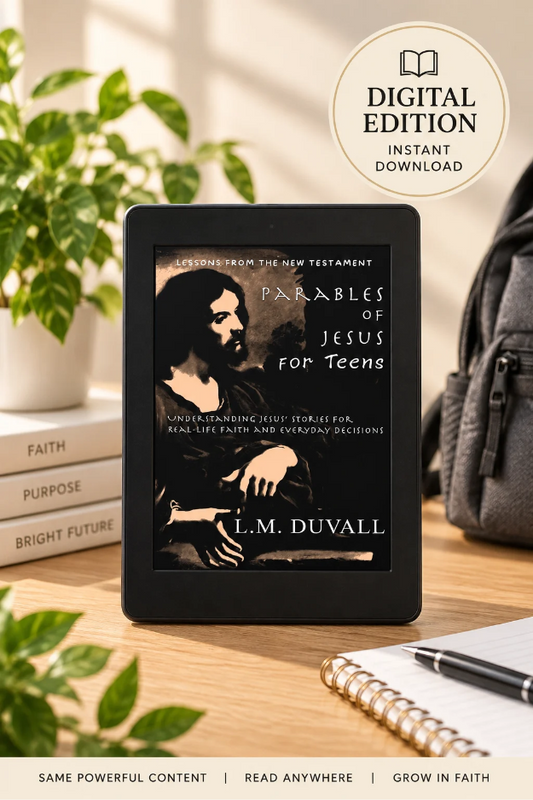 Parables of Jesus for Teens digital eBook by L. M. Duvall displayed on an eReader in a warm teen study setting.