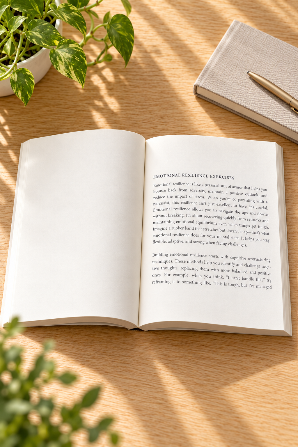 Open Path to Peace: Co-Parenting with a Narcissist showing emotional resilience exercises on a light-oak table with greenery and a journal.