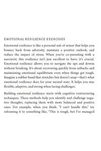 Emotional resilience exercises page from Path to Peace: Co-Parenting with a Narcissist, offering practical tools to manage stress and build emotional strength.