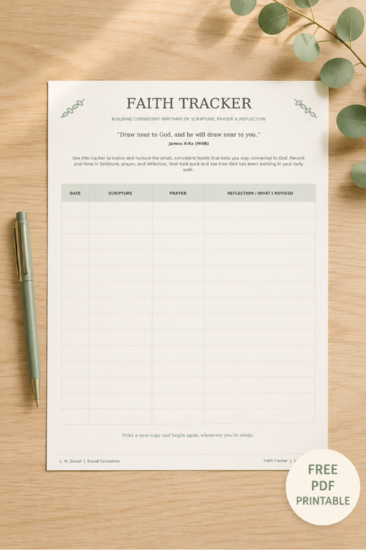 Free printable 14-day Faith Tracker for recording Scripture, prayer, and reflection, displayed with a sage-green pen.