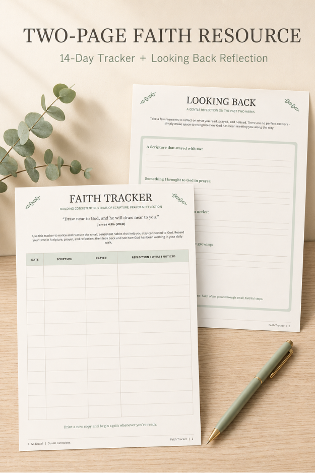 Two-page Christian Faith Tracker printable with a 14-day Scripture, prayer, and reflection tracker and Looking Back reflection page.