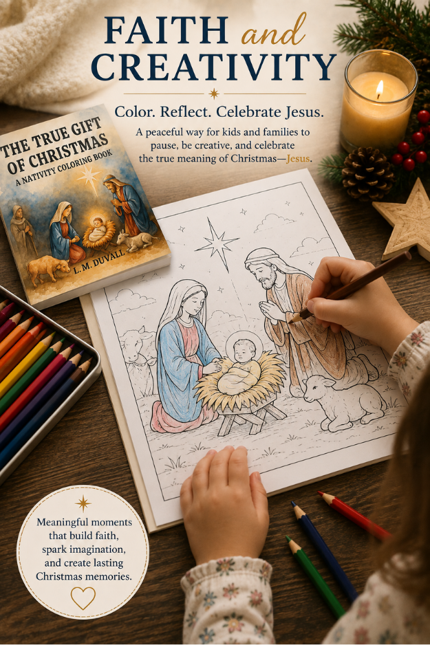 Child coloring a Nativity scene from The True Gift of Christmas coloring book with colored pencils in a warm Christmas setting.