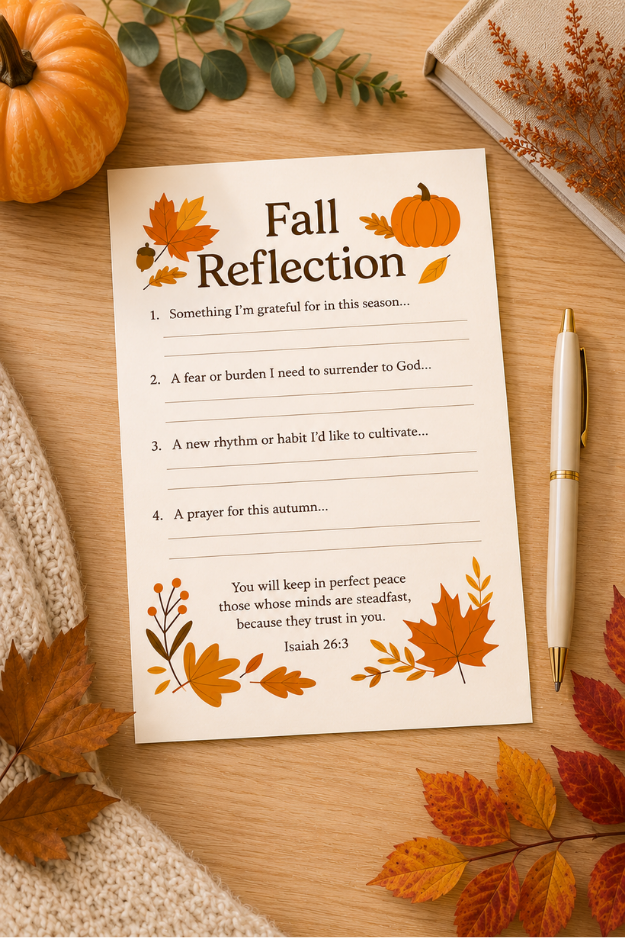 Fall Reflection Christian journal printable with guided faith prompts and Isaiah 26:3, displayed on a light wood desk with a pen, pumpkin, and autumn leaves.