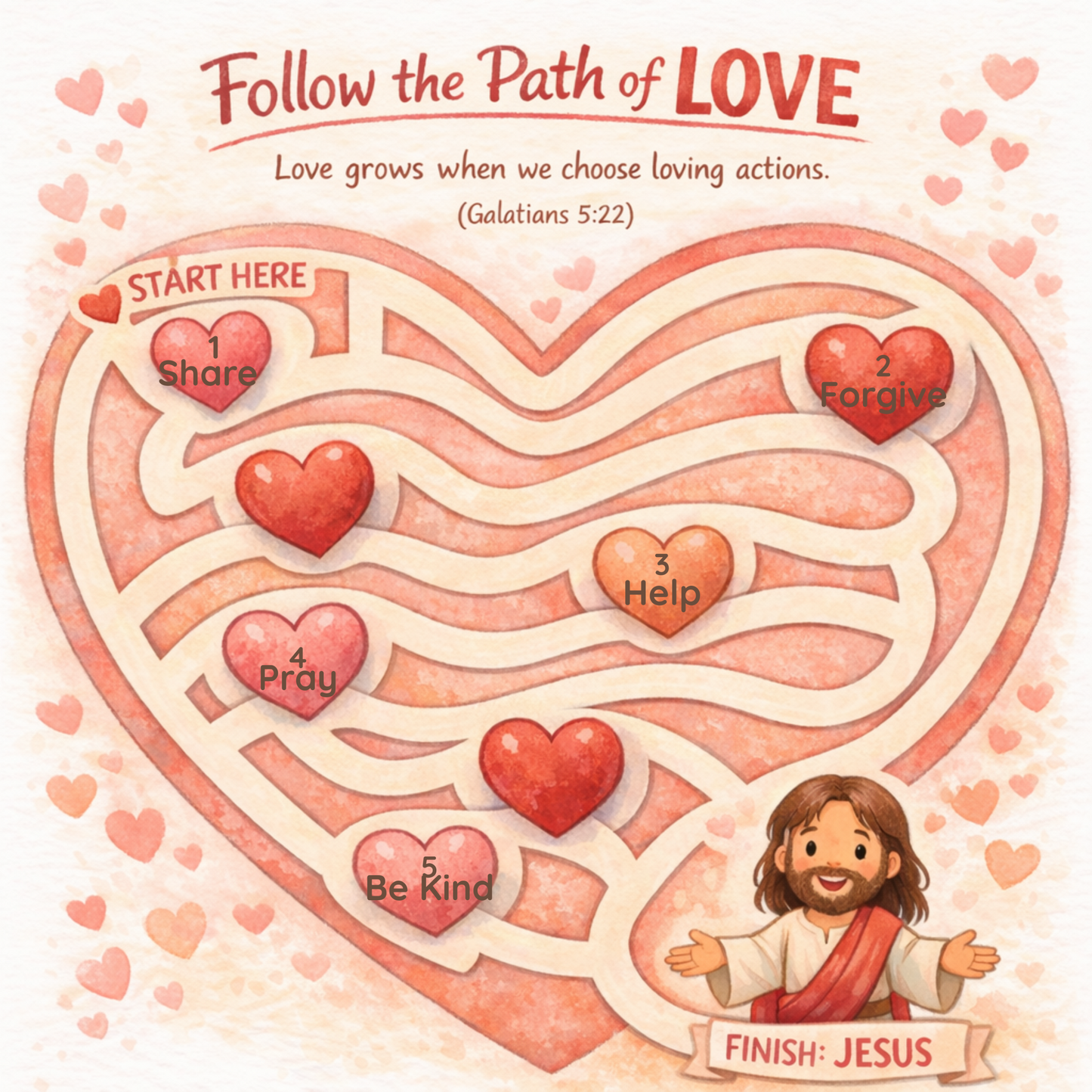 Heart-shaped maze activity from Fruit of the Spirit: Love guiding children to follow loving actions such as sharing, forgiving, helping, praying, and being kind.