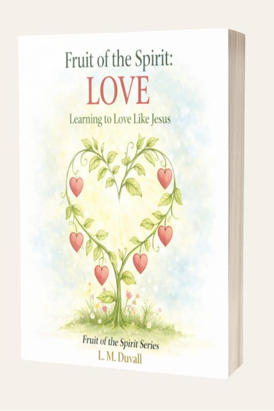 Book cover of 'Fruit of the Spirit: Love' with a tree of hearts design on a beige background.