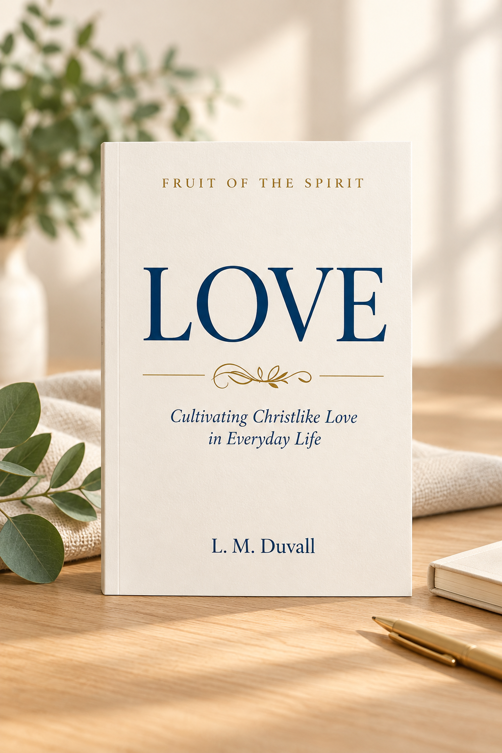 Fruit of the Spirit: LOVE adult Christian Bible study by L. M. Duvall, displayed on a light oak tabletop with soft natural lighting, cream fabric, and greenery. The book focuses on cultivating Christlike love in everyday life.
